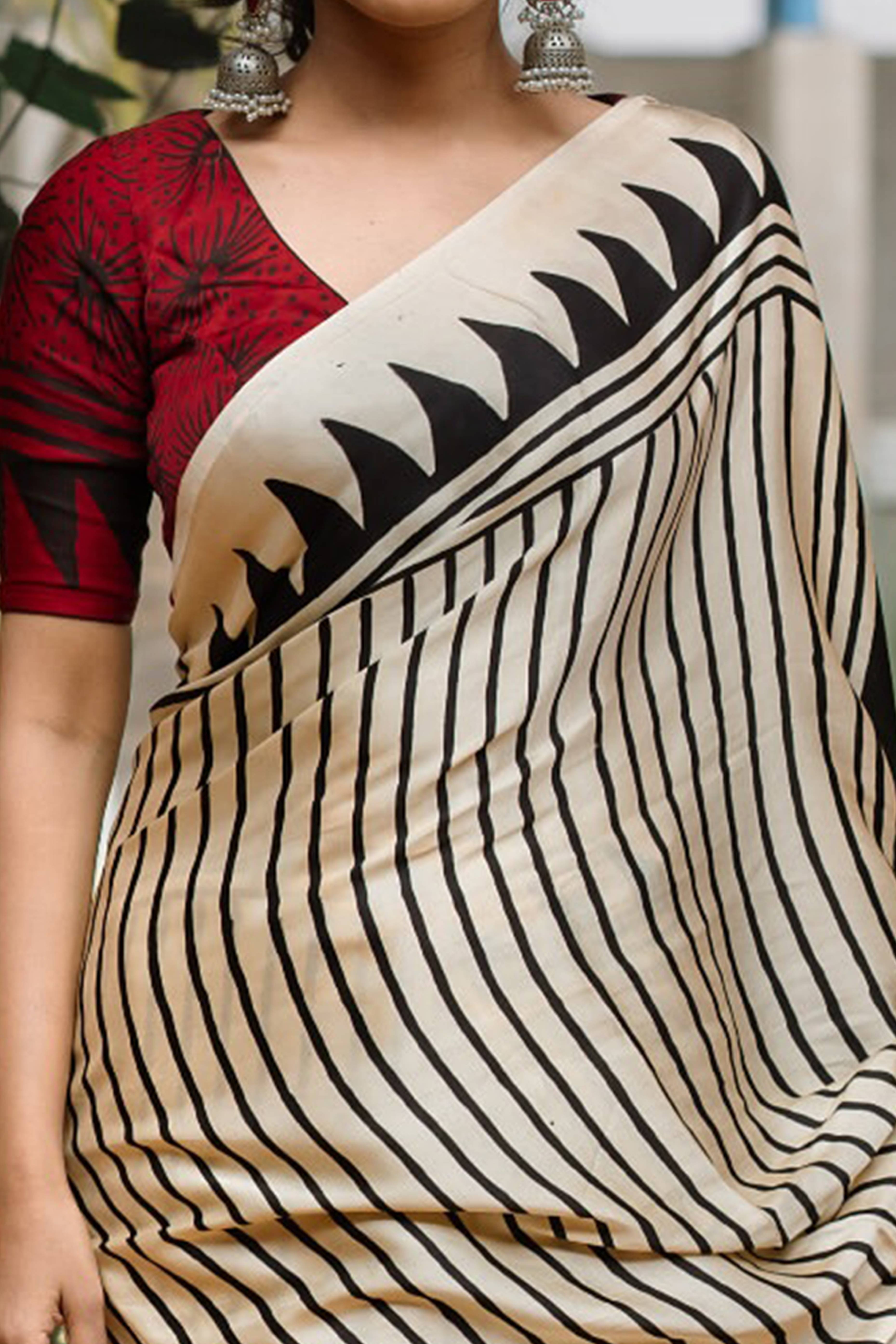 Elegant Cream Crepe Saree with Striped Print For Party Perfect