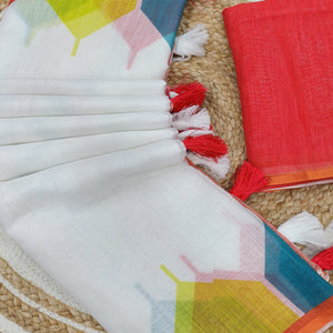 Elegant White Geometric Printed Linen Cotton Saree