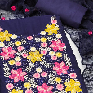 Blue Cotton Blend Unstitched Dress Fabric Featuring Delicate Floral Embroidery