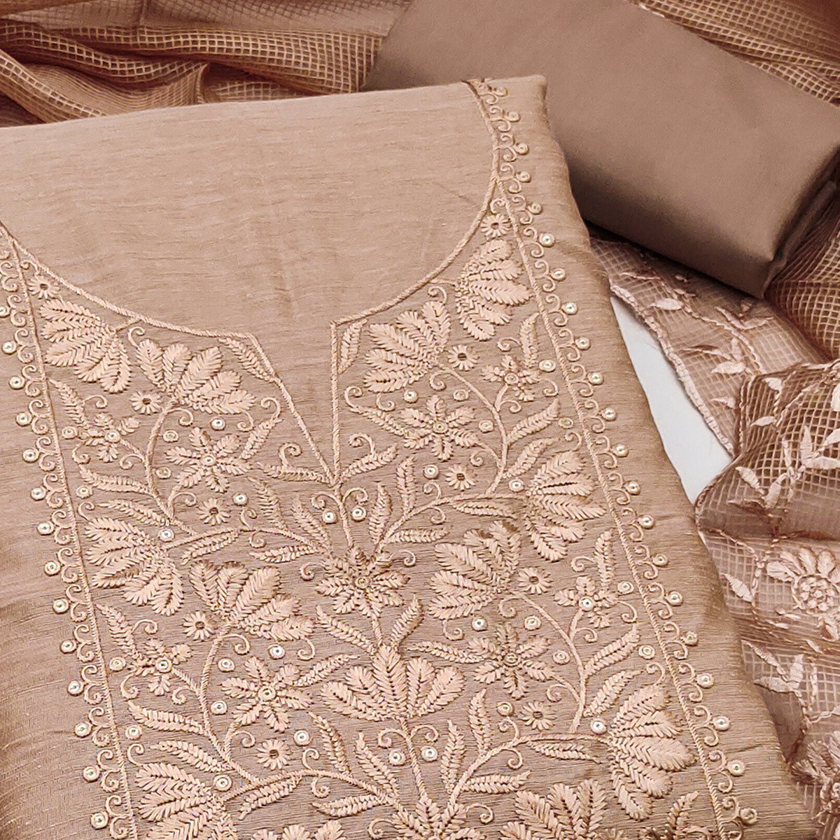 Festive Wear Brown Floral Embroidered Unstitched Cotton Blend Dress Material