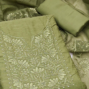 Festive Wear Green Floral Embroidered Unstitched Cotton Blend Dress Material