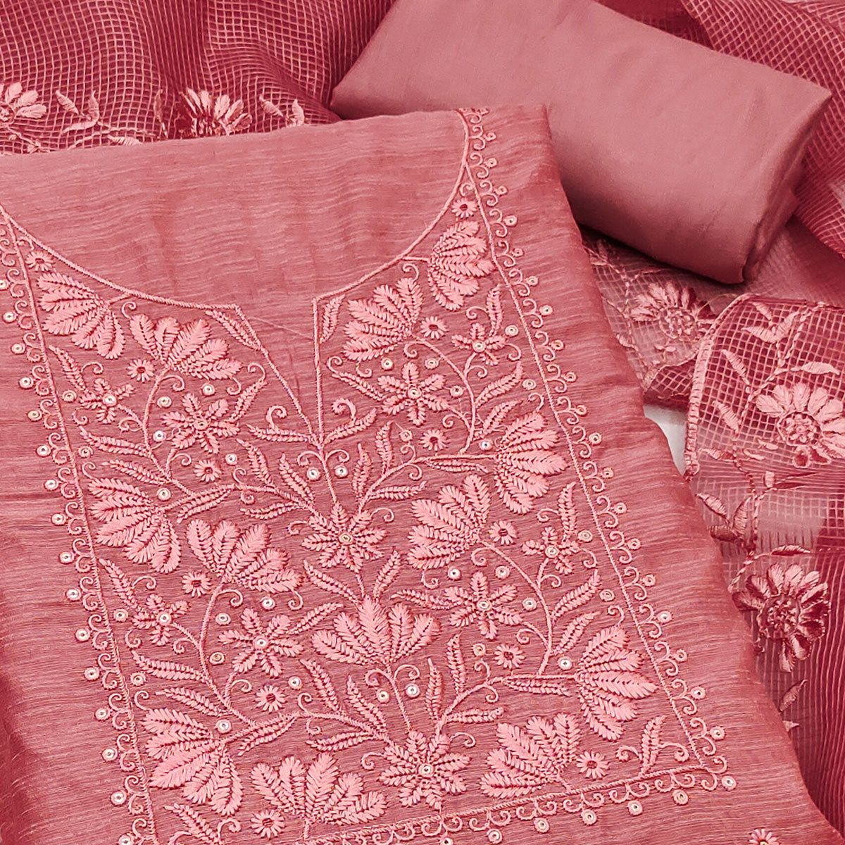 Festive Wear Peach Floral Embroidered Unstitched Cotton Blend Dress Material