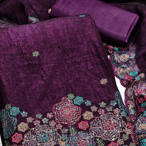 Festive Unstitched Deep Purple Cotton Blend Dress Material with Floral Embroidery