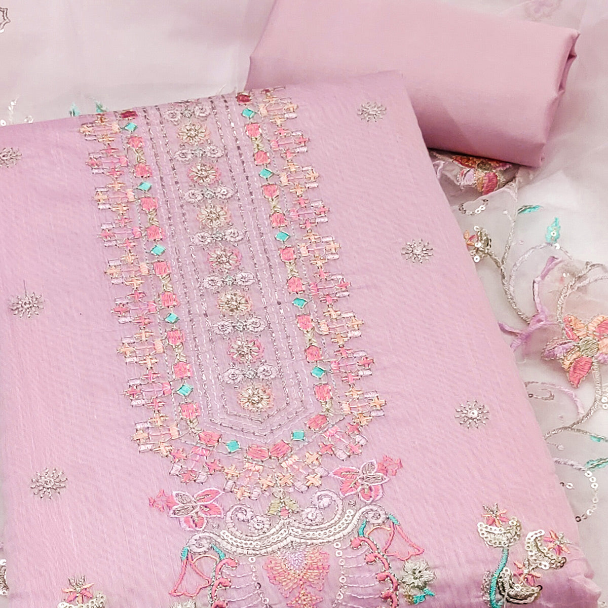 Pink Unstitched Chanderi Silk Dress Material with Delicate Sequins Work