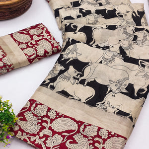 Black & Red Cotton Blend Saree Featuring Artistic Animal And Floral Print Fusion