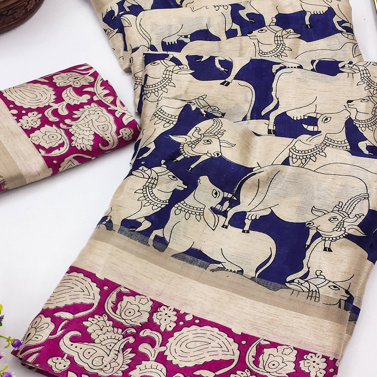 Blue & Pink Cotton Blend Saree Featuring Artistic Animal And Floral Print Fusion