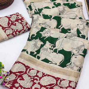 Green & Maroon Cotton Blend Saree Featuring Artistic Animal And Floral Print Fusion