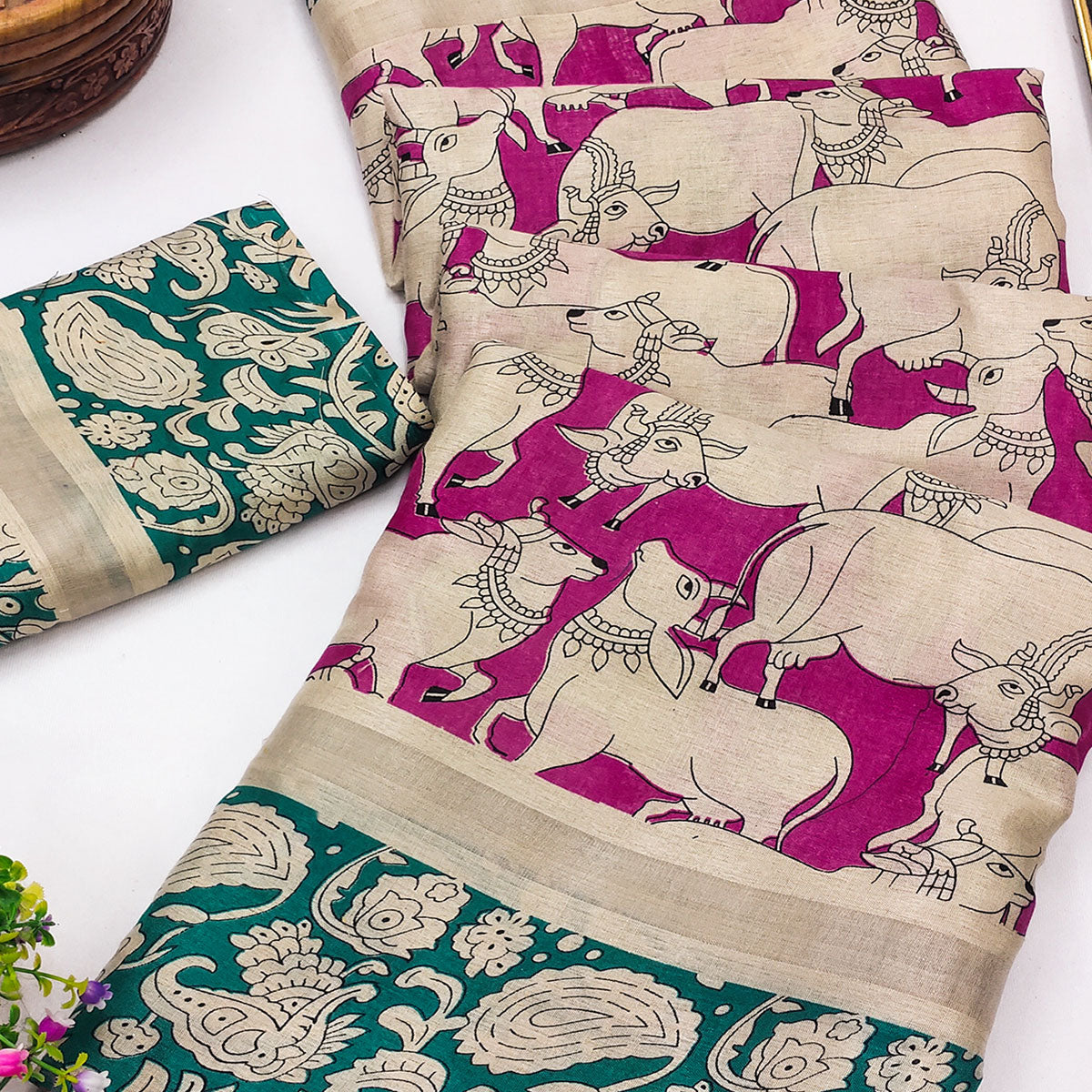 Pink & Rama Cotton Blend Saree Featuring Artistic Animal And Floral Print Fusion