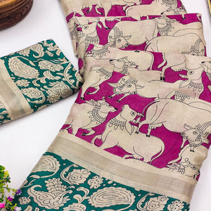 Pink & Rama Cotton Blend Saree Featuring Artistic Animal And Floral Print Fusion