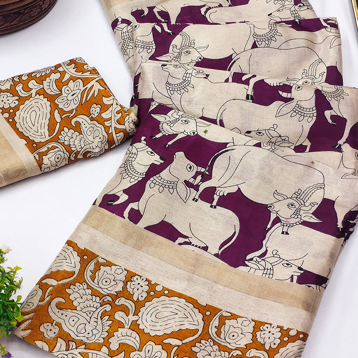 Wine & Mustard Cotton Blend Saree Featuring Artistic Animal And Floral Print Fusion