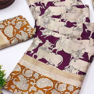 Wine & Mustard Cotton Blend Saree Featuring Artistic Animal And Floral Print Fusion