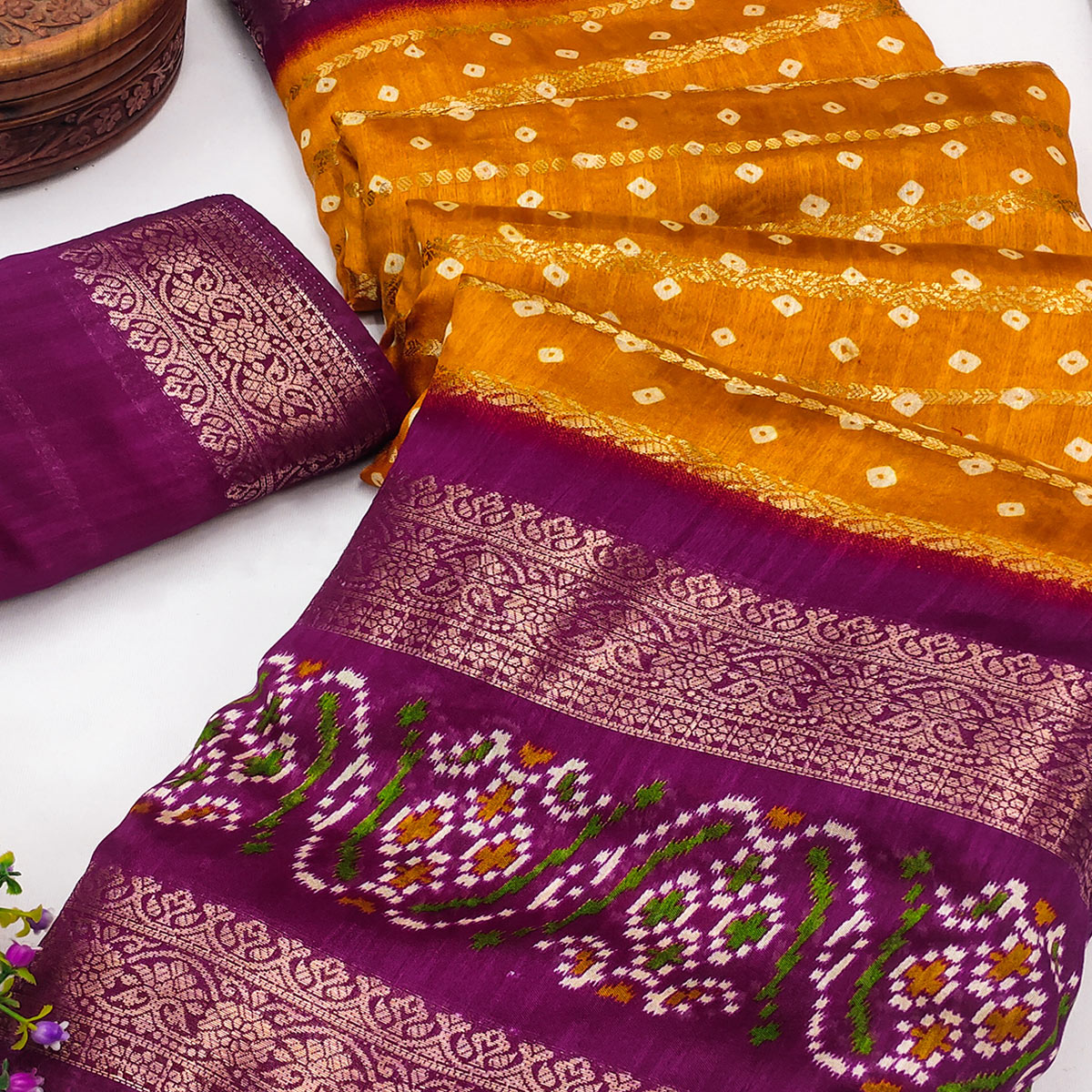 Mustard Dola Silk Saree With Traditional Bandhani Motifs & Intricate Zari Weaving Elegance