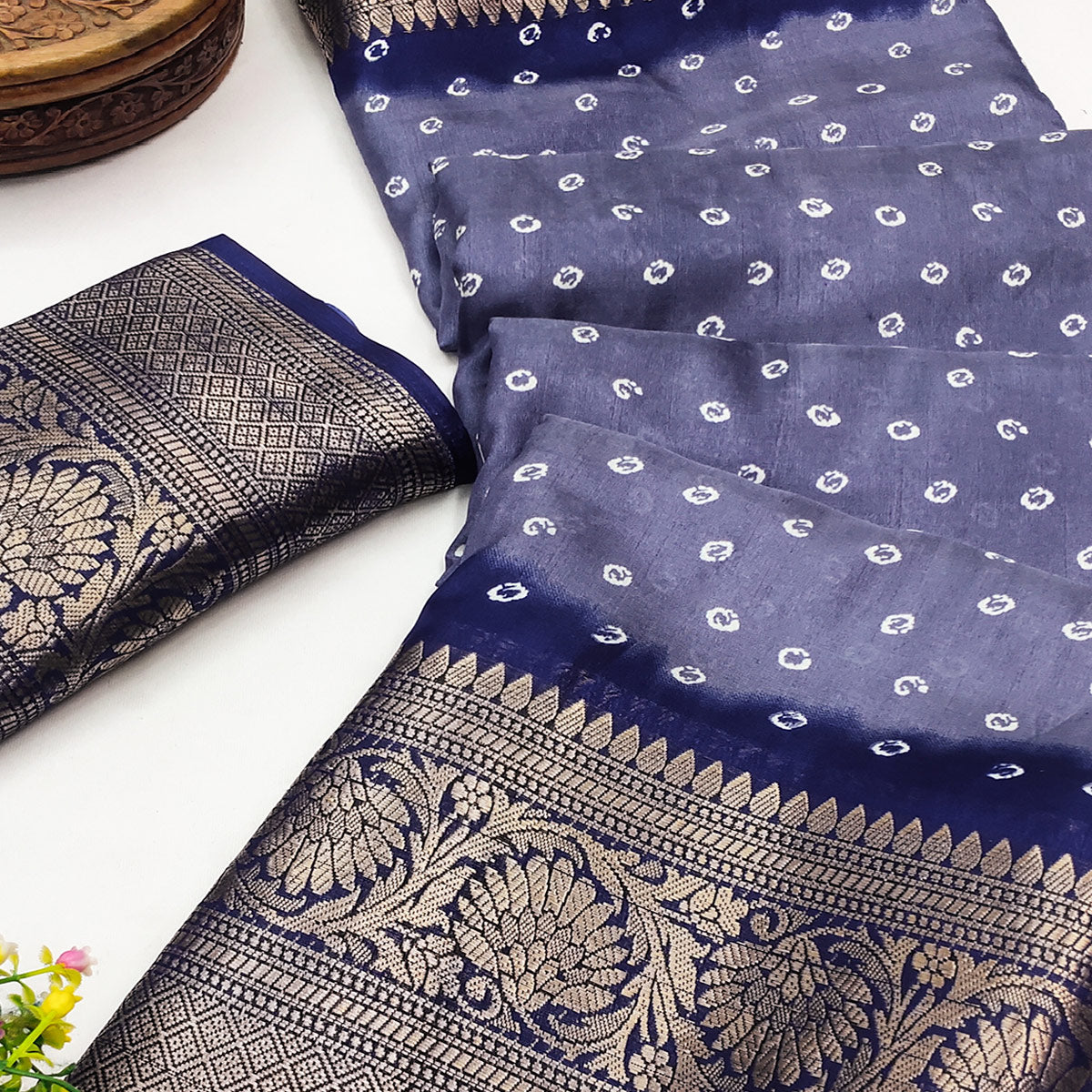 Blue Bandhani Design Dola Silk Saree with Classic Zari Detailing
