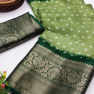 Green Bandhani Design Dola Silk Saree with Classic Zari Detailing