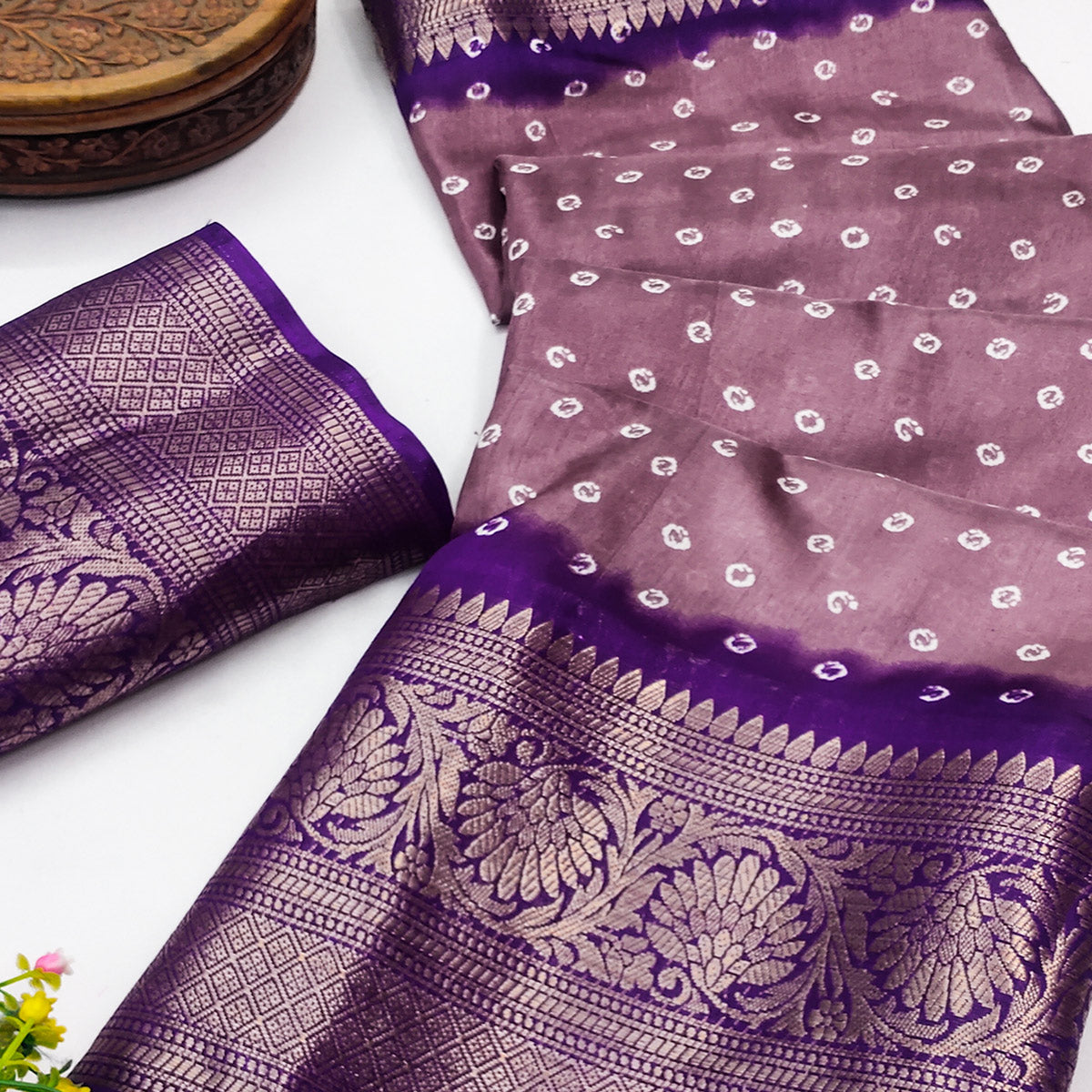Mauve Bandhani Design Dola Silk Saree with Classic Zari Detailing