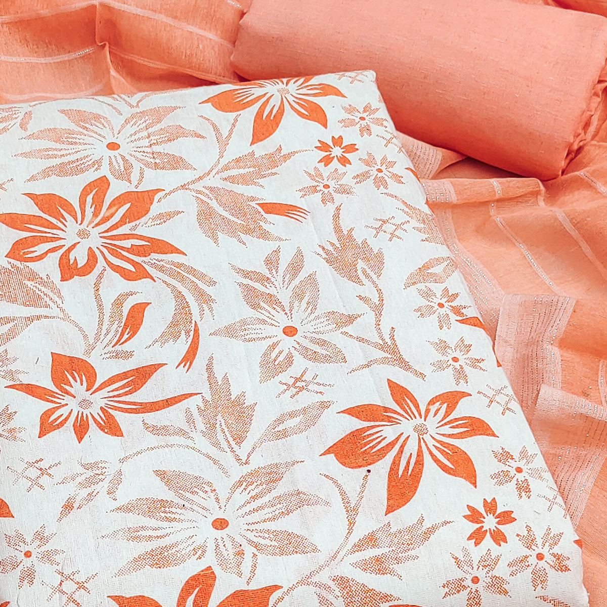 Pure Cotton Orange Dress Material with Delicate Floral Prints