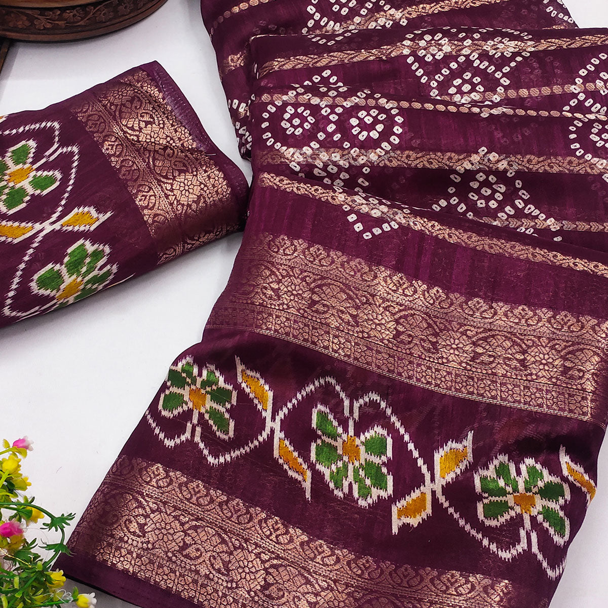 Festive Purple Bandhani Print Saree with Rich Zari Detailing