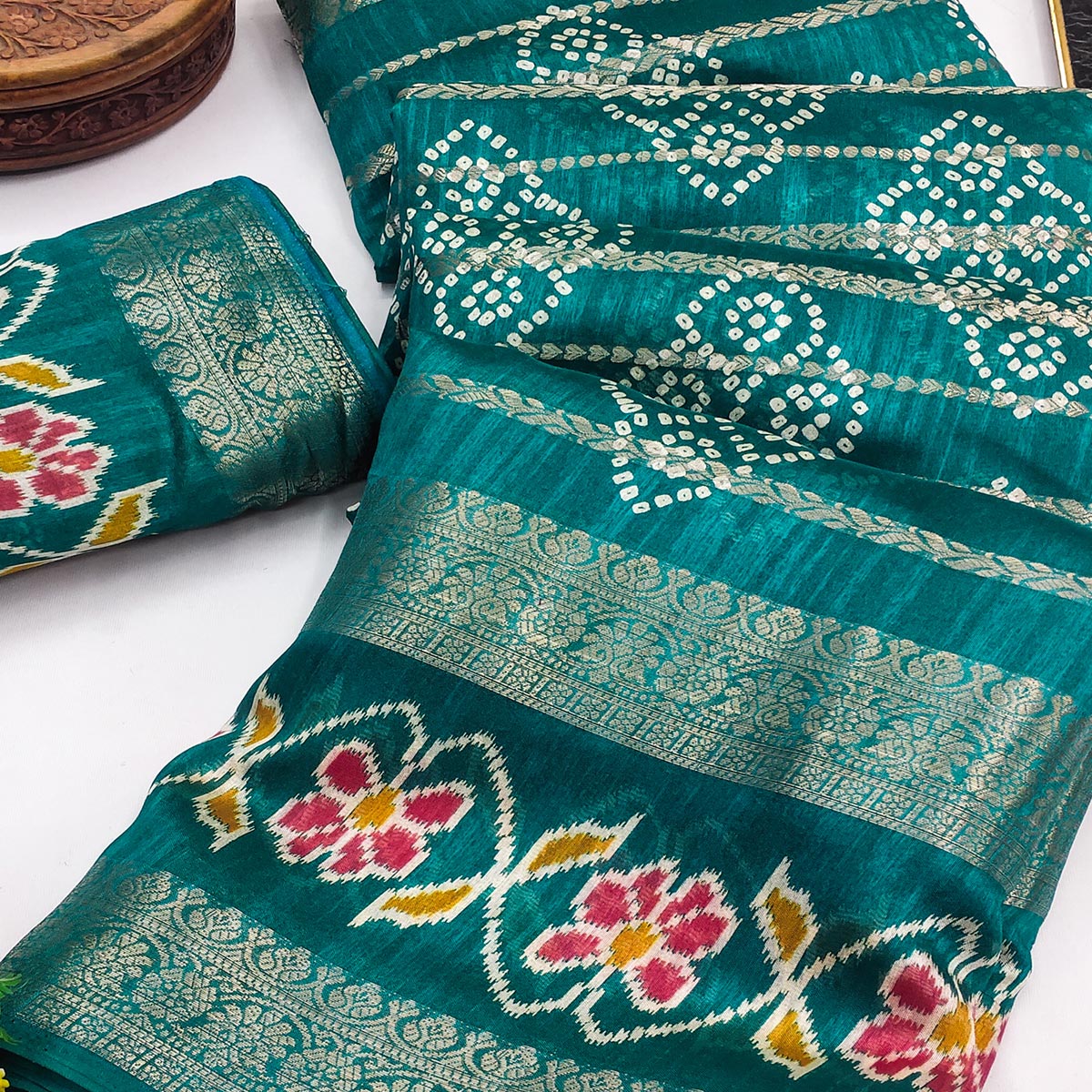 Festive Rama Green Bandhani Print Saree with Rich Zari Detailing