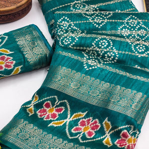 Festive Rama Green Bandhani Print Saree with Rich Zari Detailing