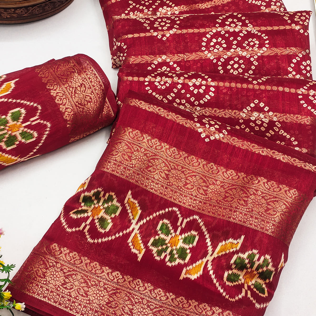 Festive Red Bandhani Print Saree with Rich Zari Detailing
