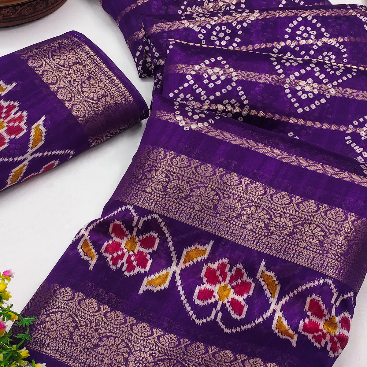 Festive Violet Bandhani Print Saree with Rich Zari Detailing