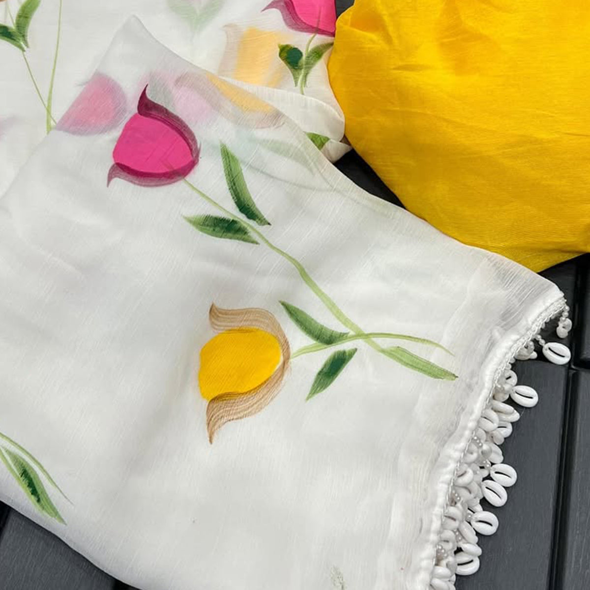 White Floral Printed Georgette Party Wear Saree With Cowrie Shell Edge