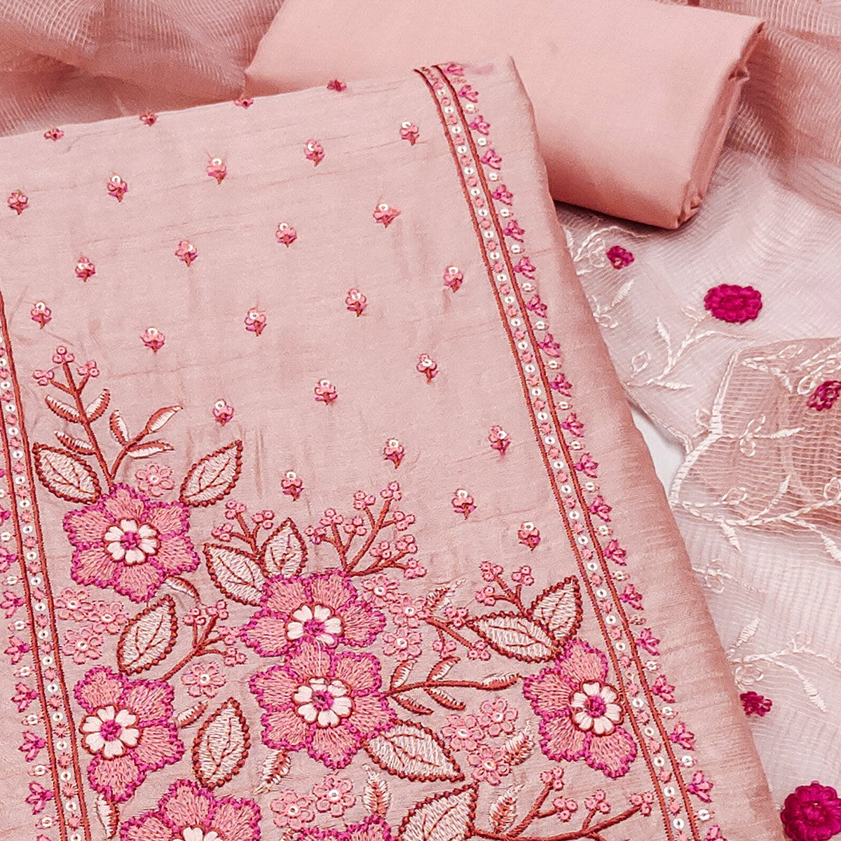 Peach Cotton Blend Dress Material Featuring Delicate Floral Embroidery & Sequins Work