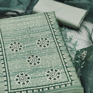 Green Elegance In Cotton Blend Dress Material With Floral Thread & Sequin Work
