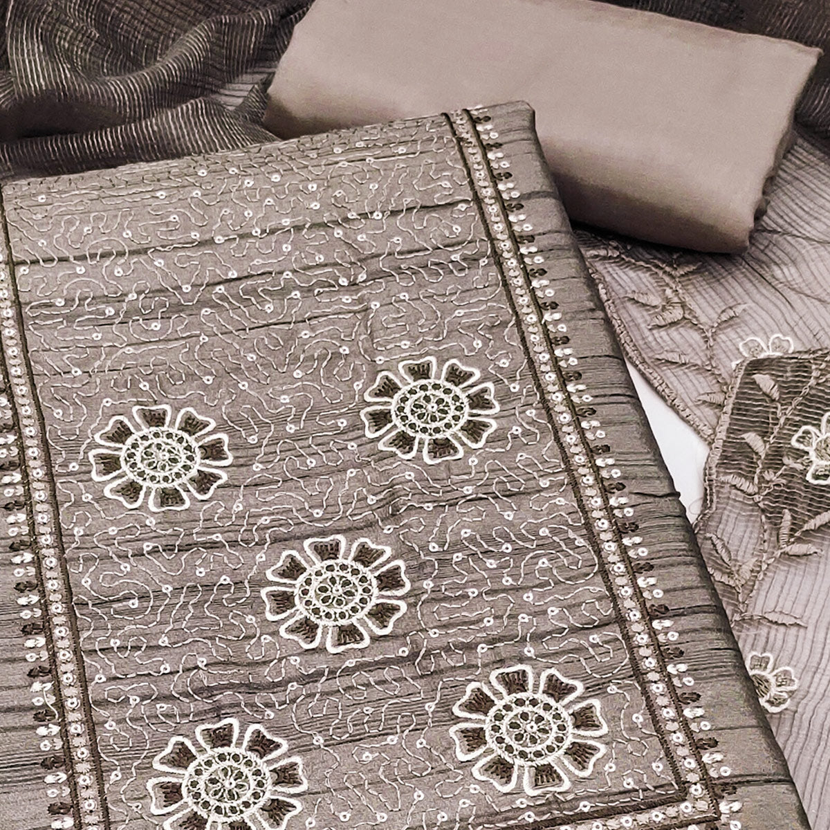 Taupe Elegance In Cotton Blend Dress Material With Floral Thread & Sequin Work