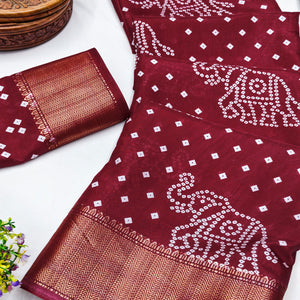 Maroon Dola Silk Saree Featuring Traditional Bandhani Print & Elegant Weaving Border