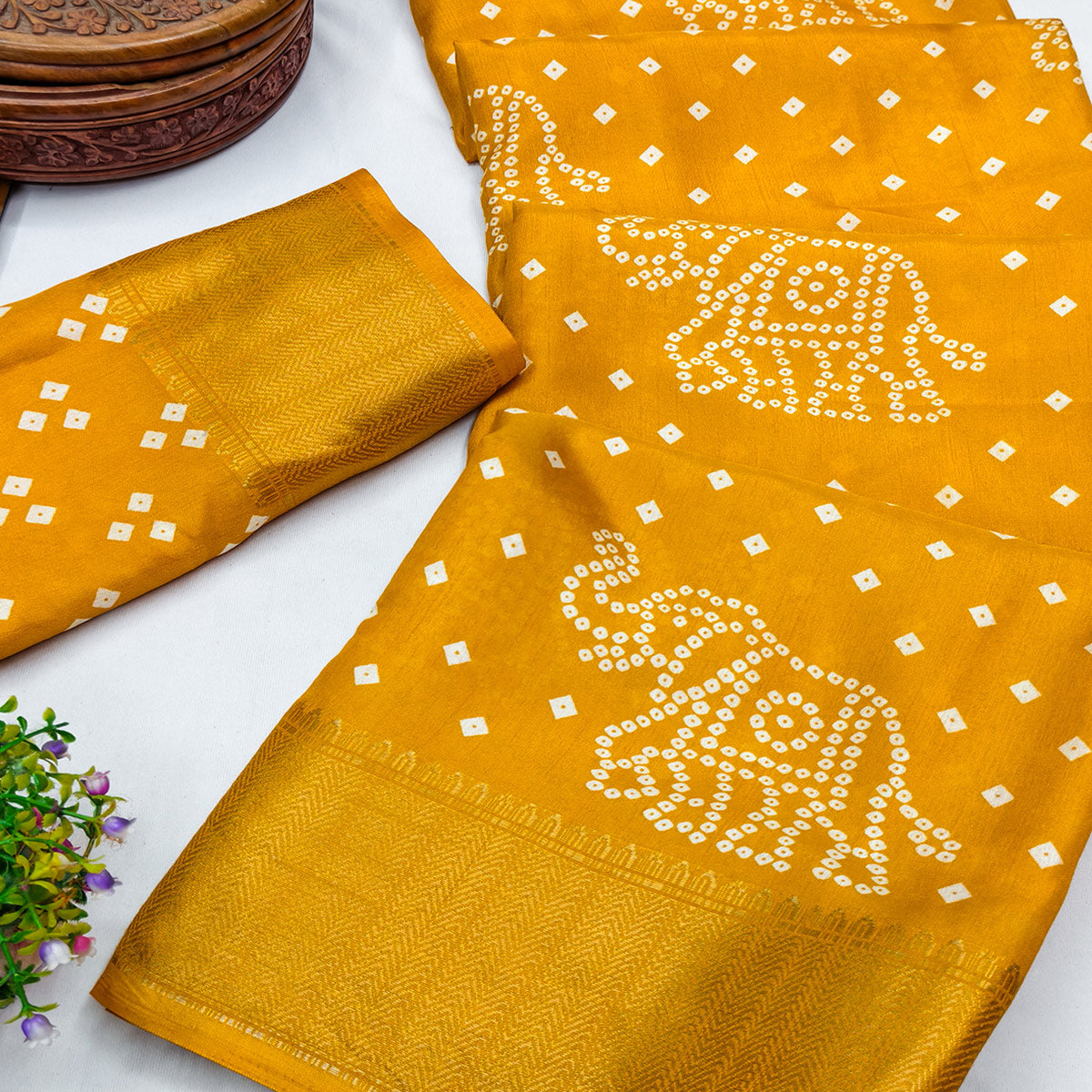 Mustard Dola Silk Saree Featuring Traditional Bandhani Print & Elegant Weaving Border