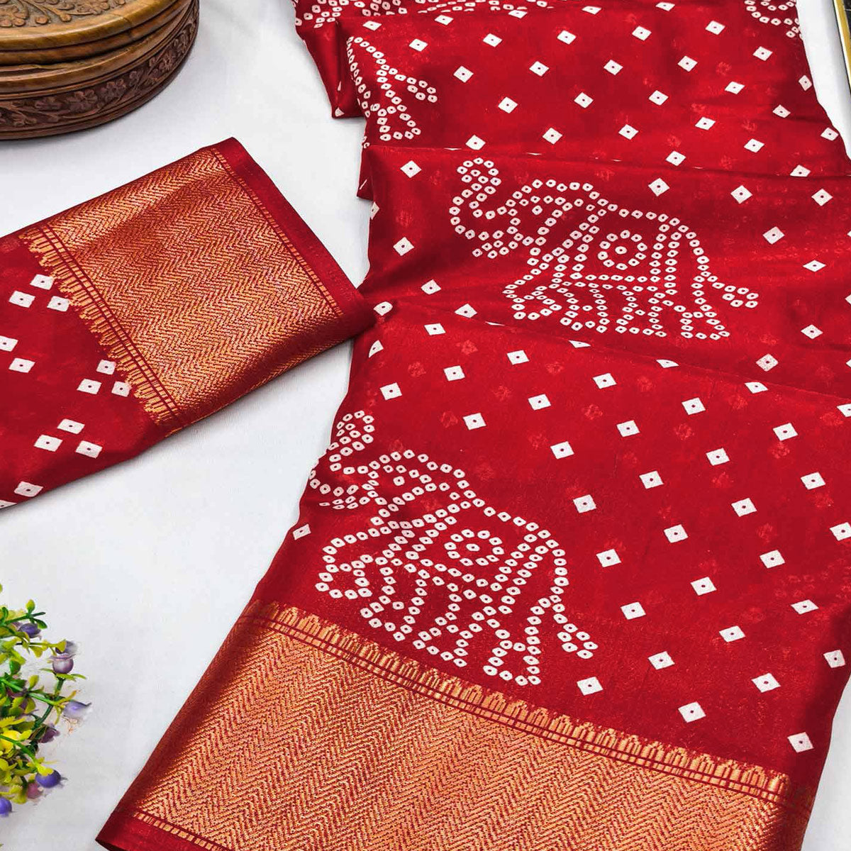 Red Dola Silk Saree Featuring Traditional Bandhani Print & Elegant Weaving Border