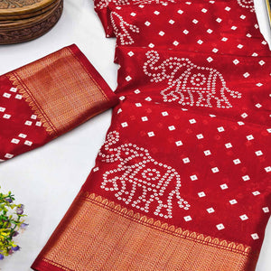 Red Dola Silk Saree Featuring Traditional Bandhani Print & Elegant Weaving Border