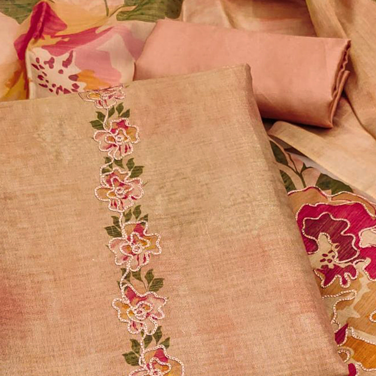 Peach Silk Blend Dress Material With Floral Print Accents & Delicate Thread Embroidery