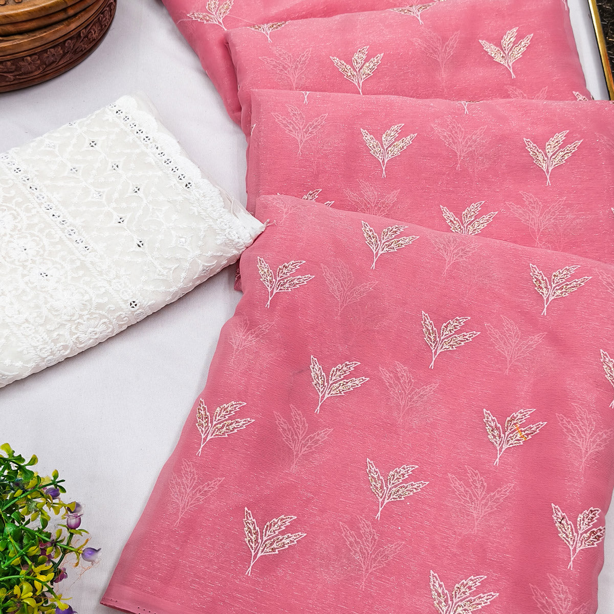 Pink Chiffon Saree Adorned With Shimmering Floral Foil Print