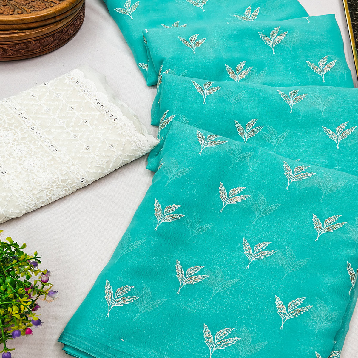 Turquoise Chiffon Saree Adorned With Shimmering Floral Foil Print