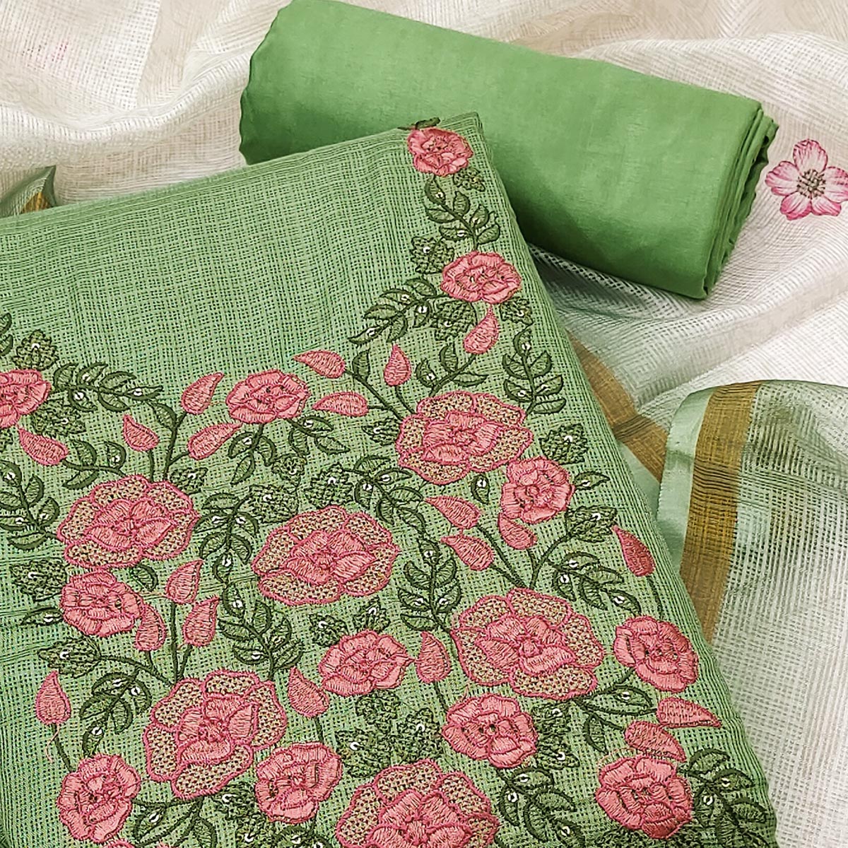 Green Kota Doria Dress Material Adorned With Delicate Floral Sequins Embroidery Work