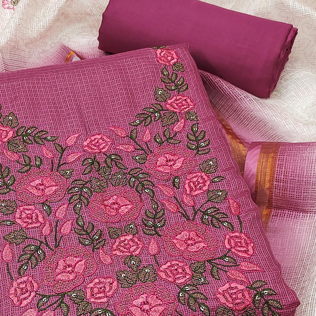 Magenta Kota Doria Dress Material Adorned With Delicate Floral Sequins Embroidery Work
