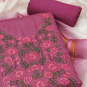 Magenta Kota Doria Dress Material Adorned With Delicate Floral Sequins Embroidery Work