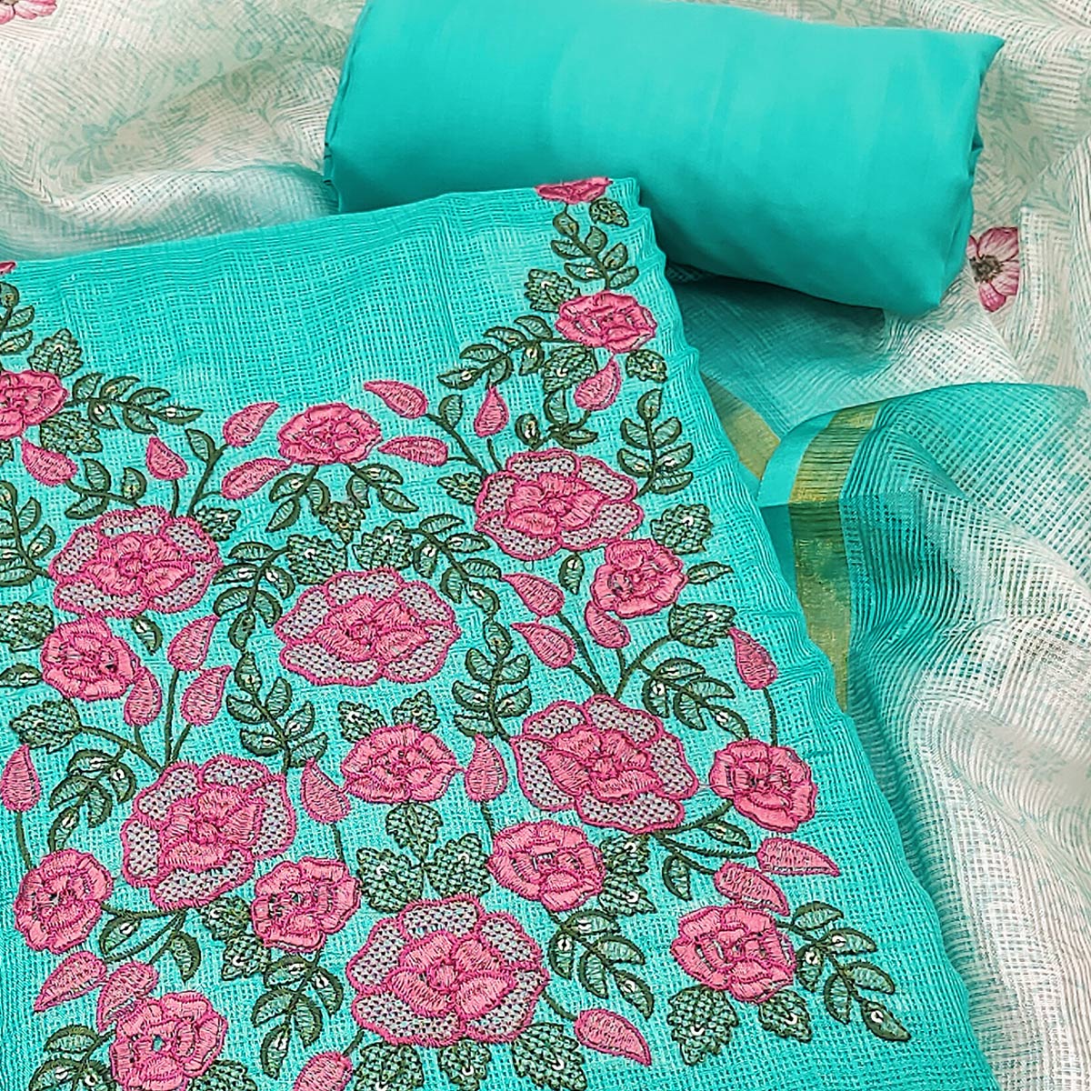 Turquoise Kota Doria Dress Material Adorned With Delicate Floral Sequins Embroidery Work
