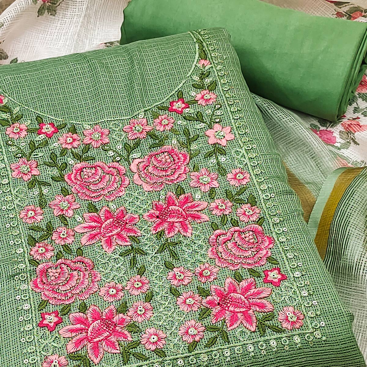 Green Kota Doria Dress Material Featuring Elegant Floral Design With Sparkling Sequins Embroidery