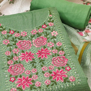 Green Kota Doria Dress Material Featuring Elegant Floral Design With Sparkling Sequins Embroidery