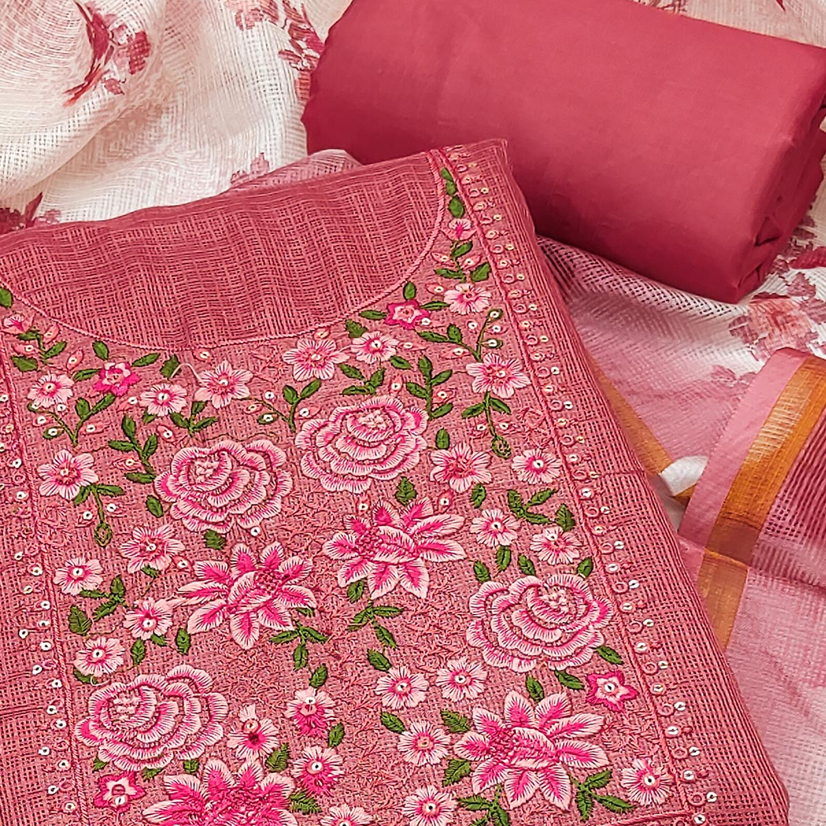 Pink Kota Doria Dress Material Featuring Elegant Floral Design With Sparkling Sequins Embroidery