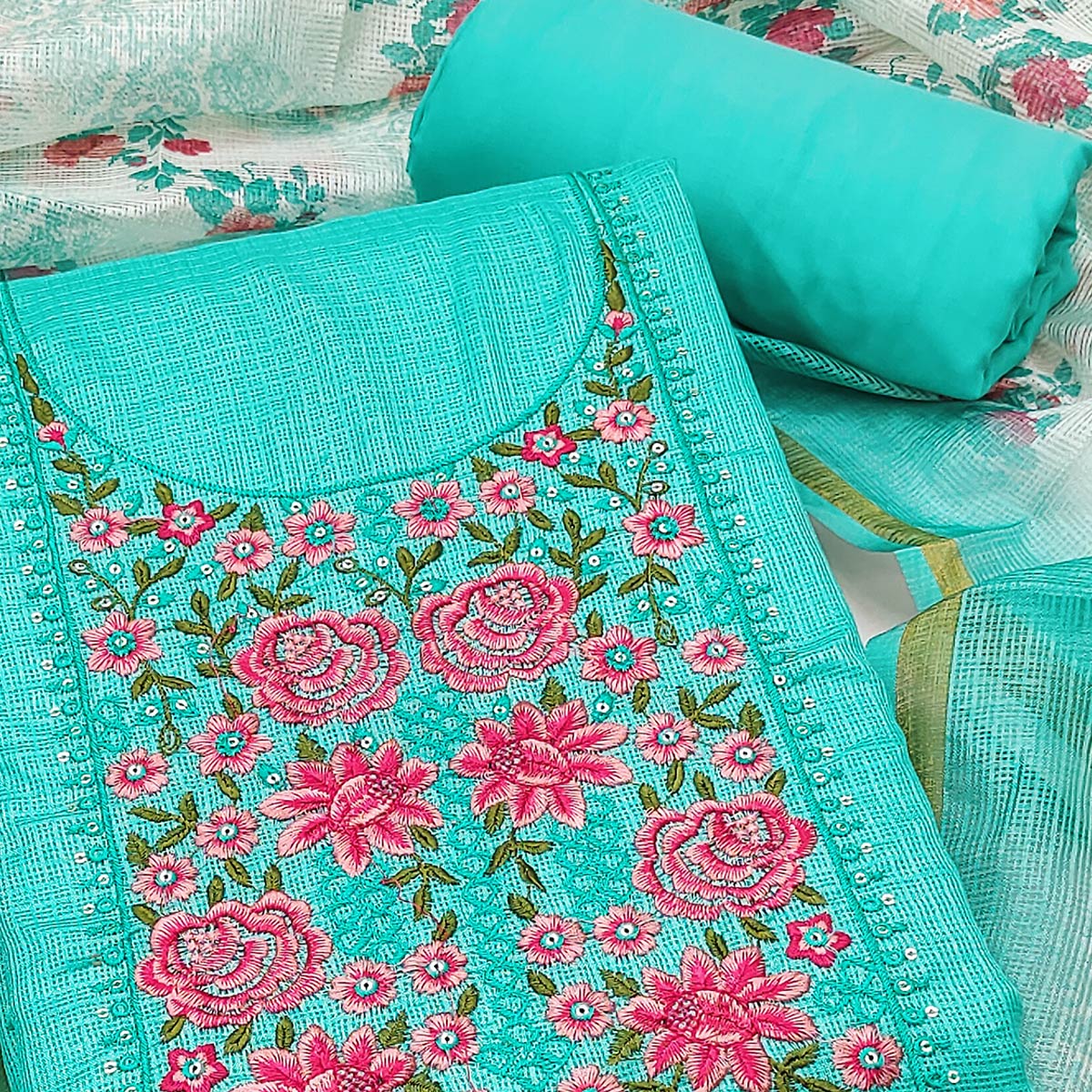 Turquoise Kota Doria Dress Material Featuring Elegant Floral Design With Sparkling Sequins Embroidery