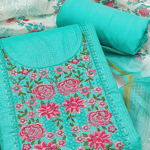 Turquoise Kota Doria Dress Material Featuring Elegant Floral Design With Sparkling Sequins Embroidery