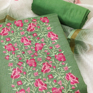 Green Kota Doria Dress Material With Intricate Floral Motifs & Sparkling Sequins Embroidery