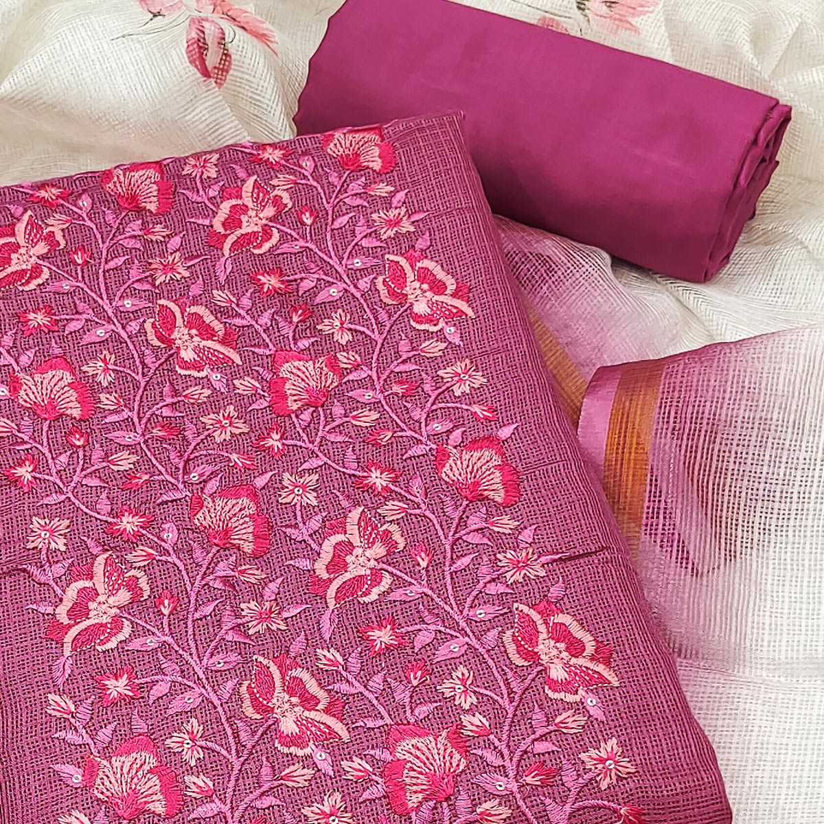 Magenta  Kota Doria Dress Material With Intricate Floral Motifs & Sparkling Sequins Embroidery