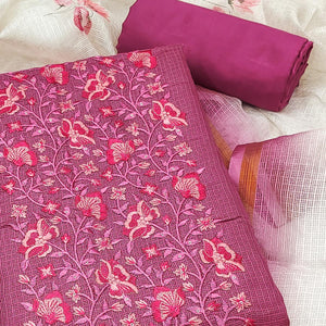 Magenta Kota Doria Dress Material With Intricate Floral Motifs & Sparkling Sequins Embroidery