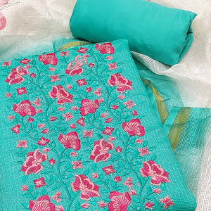 Turquoise Kota Doria Dress Material With Intricate Floral Motifs & Sparkling Sequins Embroidery
