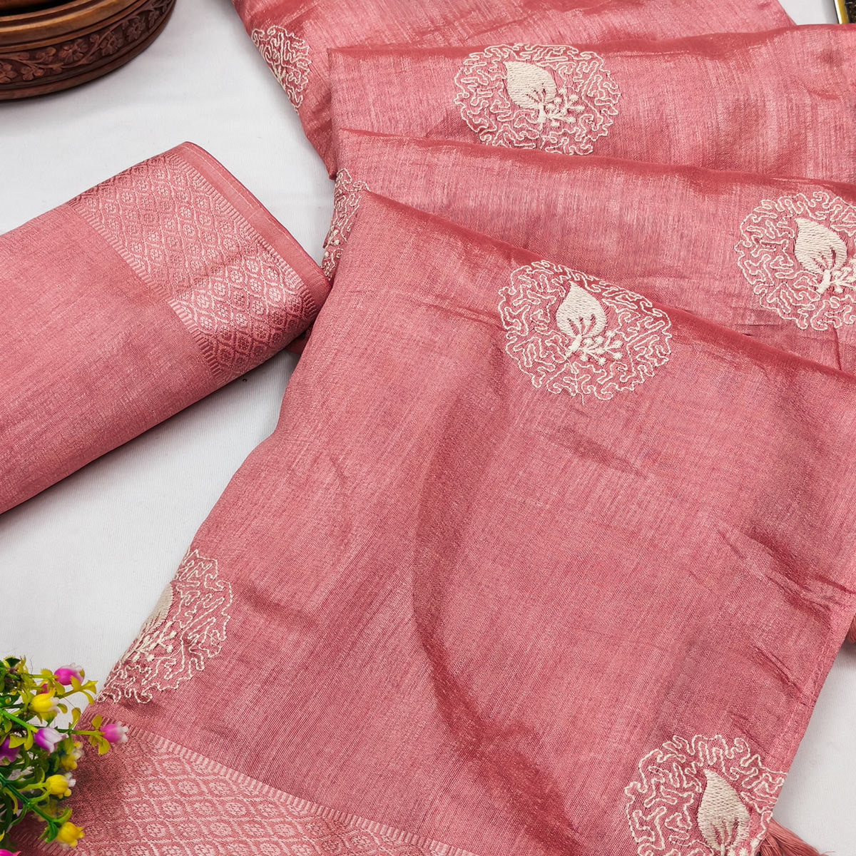Peach Embroidered Art Silk Saree Adorned with Classic Zari Weaving Details